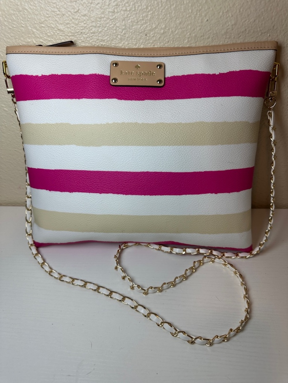 kate spade Pink, White & Tan Striped Chain Crossbody